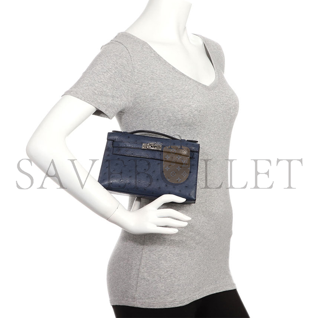 H**mes master bleu de malte ostrich kelly pochette (22*14*7cm)